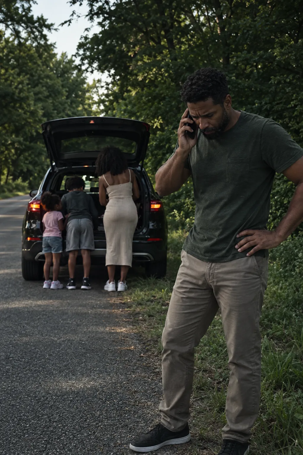 Motorista ao celular chamando o guincho, com a família no porta-malas do carro parado — guincho na Aparecidinha, em Sorocaba