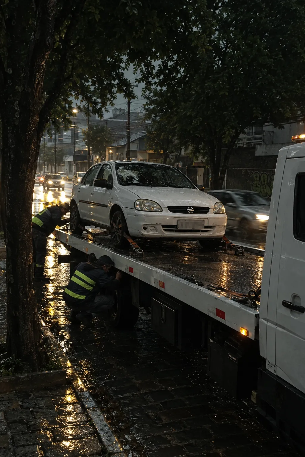 Operador prendendo as rodas do carro com cintas na plataforma do guincho — guincho na Vila Progresso, em Sorocaba