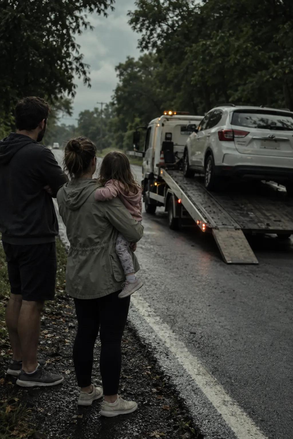 Família olhando o carro em cima do guincho plataforma, à beira da pista — guincho no Campolim, em Sorocaba