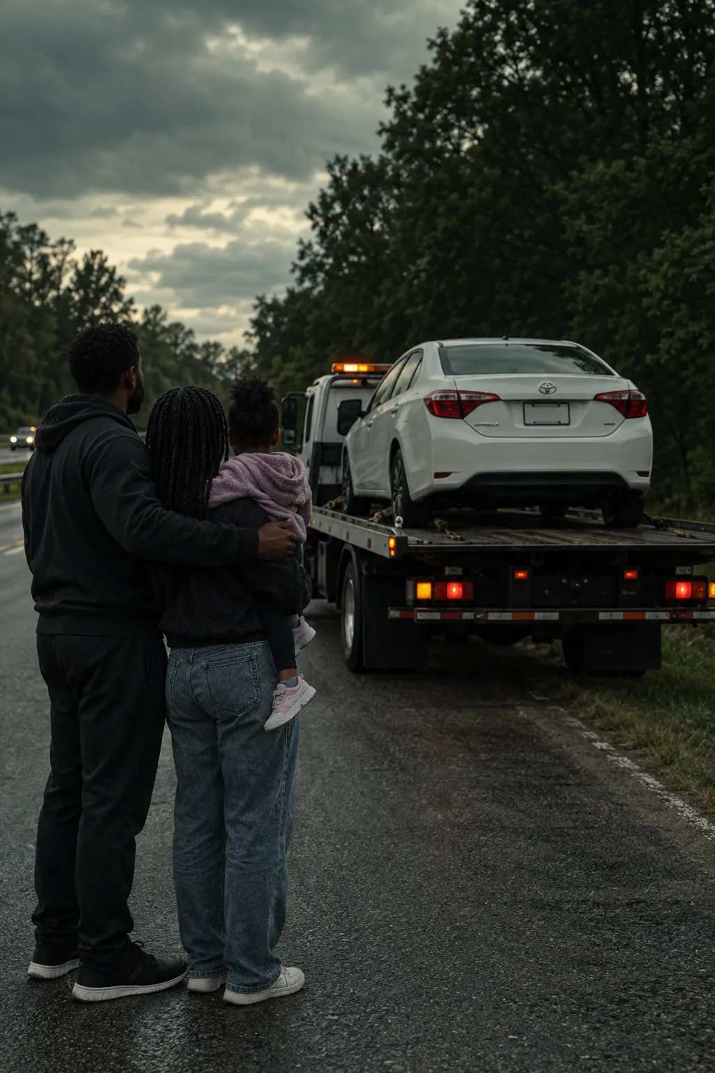 Família olhando o carro em cima do guincho plataforma, à beira da pista — guincho no Carandá, em Sorocaba