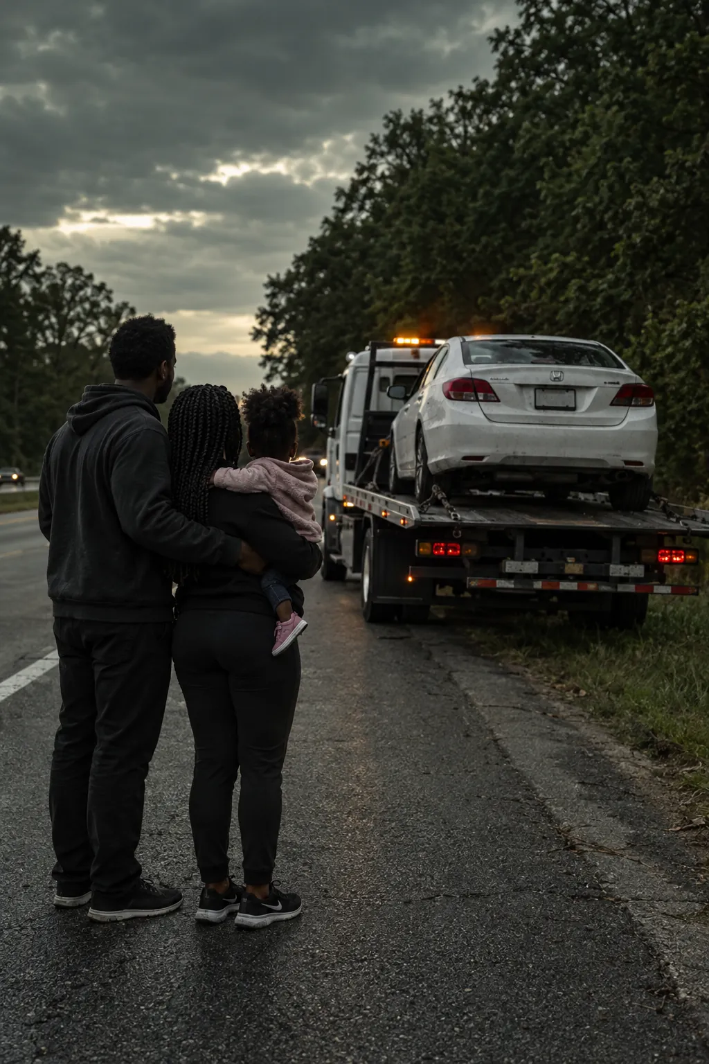Família olhando o carro em cima do guincho plataforma, à beira da pista — guincho no Jardim Betânia, em Sorocaba