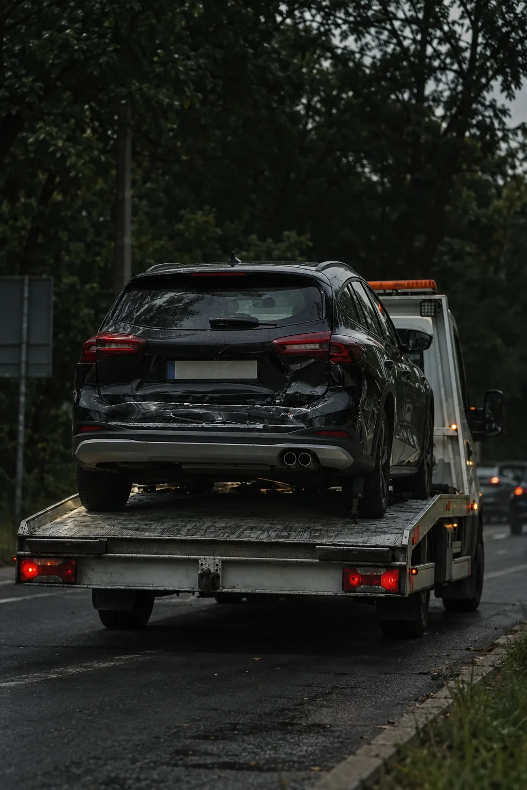 Carro em cima de um guincho plataforma na estrada — guincho no Jardim Europa, em Sorocaba