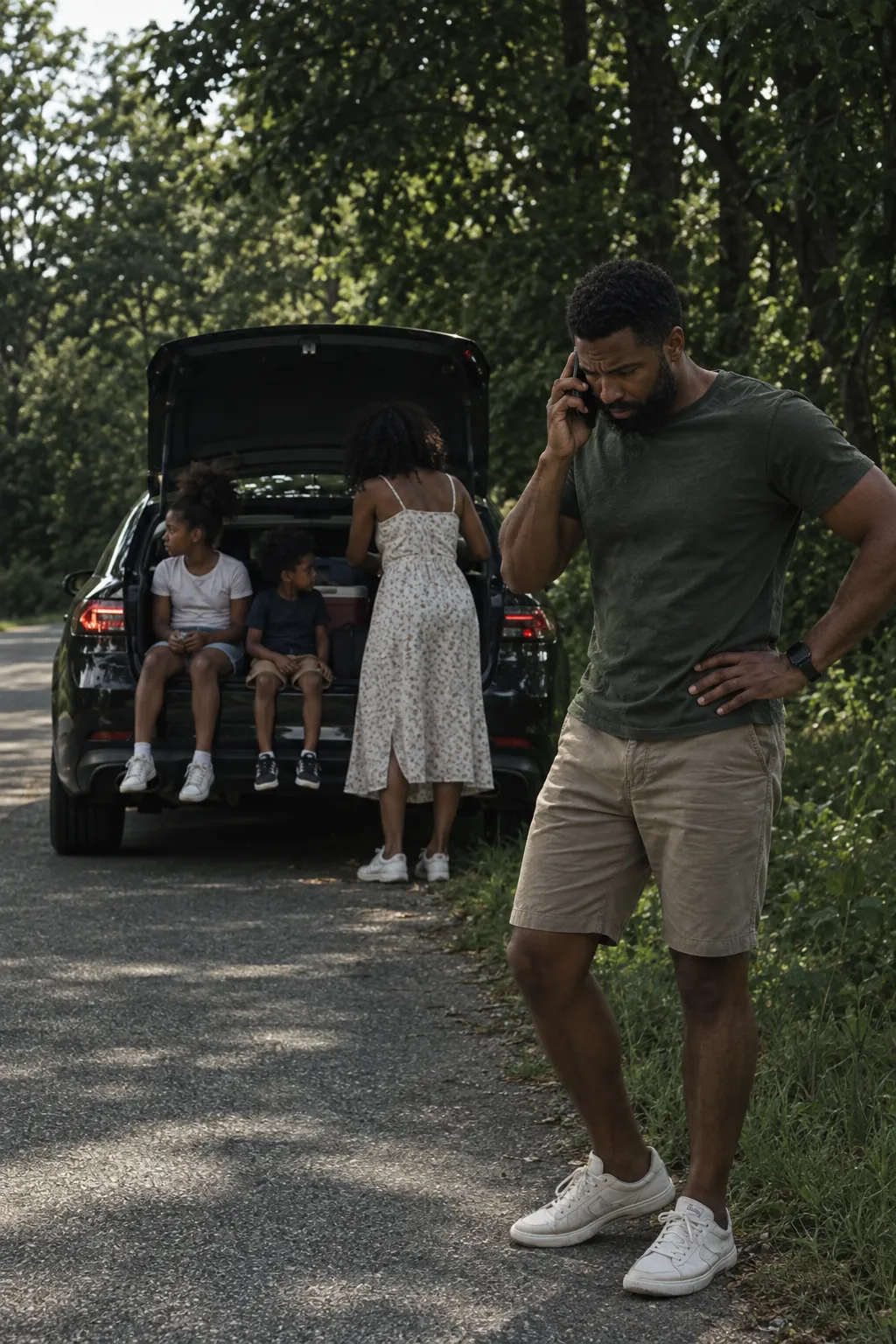 Motorista ao celular chamando o guincho, com a família no porta-malas do carro parado — guincho no Parque São Bento, em Sorocaba